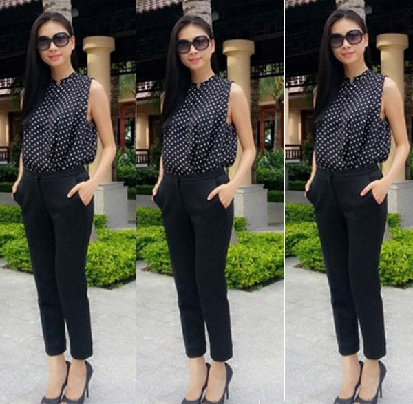 Ngô Thanh Vân là tín đồ của thời trang quần tây. Chỉ với quần đen, áo ba lỗ và giày cao gót, cô cũng rất cuốn hút. Nữ diễn viên cũng tinh tế phối cùng mái tóc thẳng duyên dáng.
