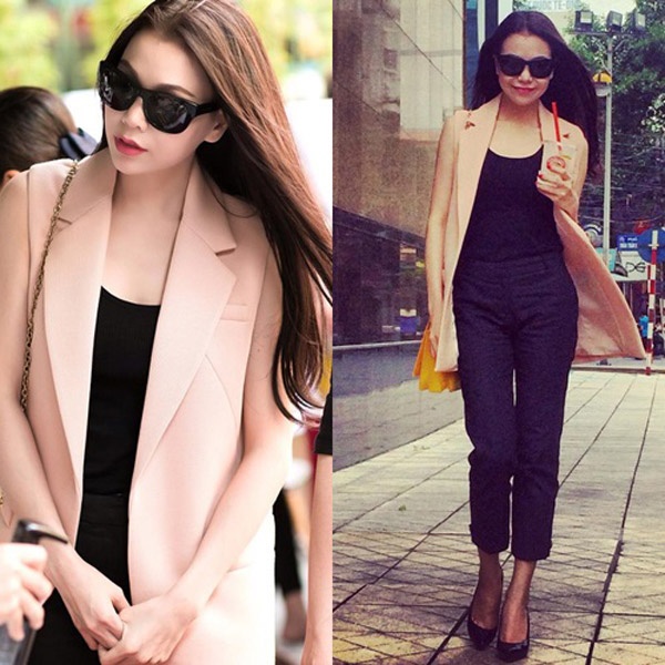 Quần tây mix cùng áo blazer cộc tay như Trà Ngọc Hằng là style