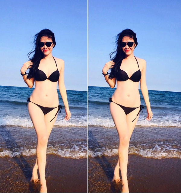 Dù mang thai nhưng Thủy Anh vẫn tự tin phô diễn dáng tuyệt đẹp và làn da trắng ngần với bikini màu đen.