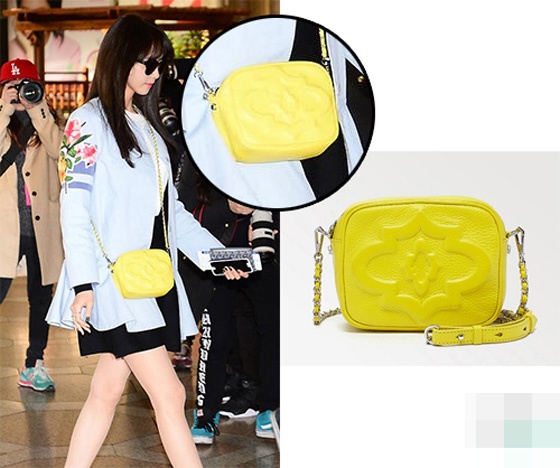 Xuất hiện tại sân bay quốc tế Gimpo hồi tháng 4, Yoona nổi bật với túi xách màu vàng hiệu Oryany. Đây là mẫu túi kiểu dáng nhỏ, thanh mảnh đang được giới trẻ toàn thế giới ưa chuộng.