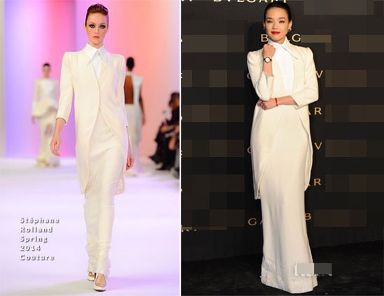 Tới tham dự buổi ra mắt thương hiệu Bulgari ở Bắc Kinh, Thư Kỳ chọn thiết kế tuyệt đẹp của Stéphane Rolland để thả dáng. Bộ cánh giúp người đẹp toát lên vẻ sang trọng và quý phái.