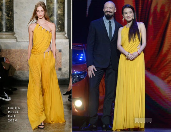 Thư Kỳ là một trong những gương mặt không thể thiếu trong nhiều sự kiện. Bộ váy vàng một bên vai của Emilio Pucci được cô diện trong buổi khai trương của một thương hiệu ôtô.