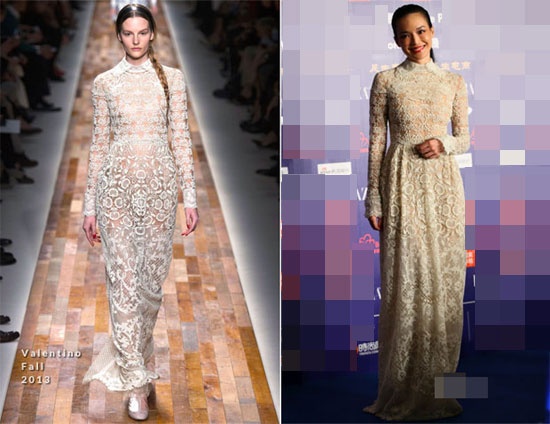 Thời trang Valention được Thư Kỳ rất ưu ái. Chiếc váy ren mềm mại và quyến rũ của hiệu này cũng được cô lựa chọn trong đêm từ thiện của tạp chí Bazaar.