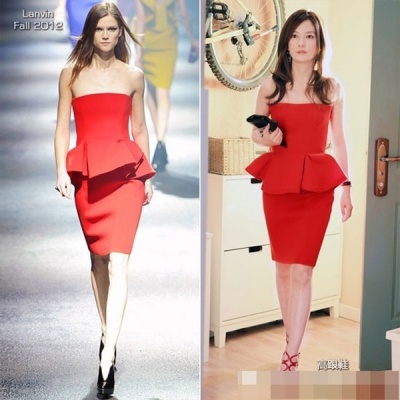 Triệu Vy khoe dáng thon thả với váy peplum màu đỏ hiệu Lanvin.