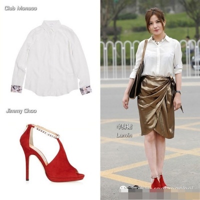 Váy Lanvin, áo sơ mi Club Monaco, giày Jimmy Choo là style tạo nên cho cô nét đẹp dịu dàng, nữ tính.