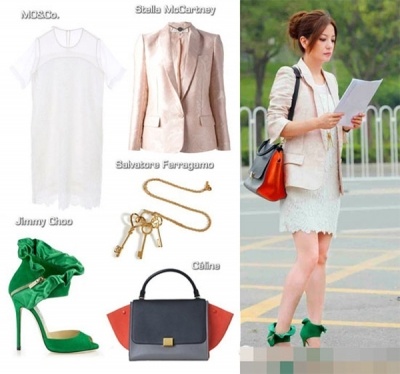 Set đồ hiệu của Triệu Vy lên tới hàng trăm triệu. Váy trắng Mo&Co kết hợp áo vest Stella McCartney, xăng đan kiểu cách Jimmy Choo, túi Céline và vòng cổ Salvatore Ferragam.