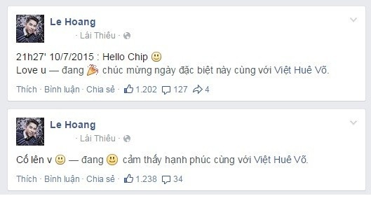 Lê Hoàng: Tối 10/7, trên trang cá nhân, Lê Hoàng The Men liên tục đăng tải những dòng chia sẻ tới bạn gái Việt Huê: 