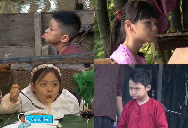 Bờm, Tê Giác, Suti và Bo thi nhau làm mặt xấu.