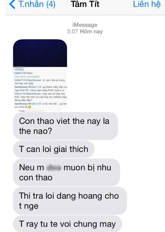 Một trong những bức ảnh chụp màn hình tin nhắn của Tâm Tít mà Bảo Thy tố là dùng lời lẽ tục tĩu, đe dọa.