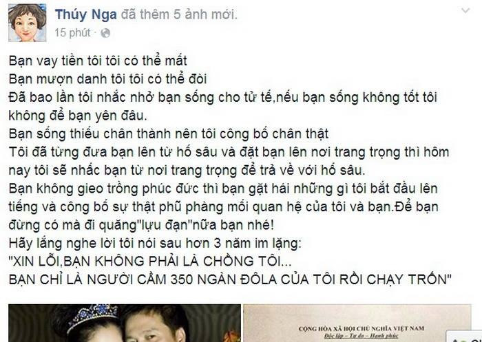 Thúy Nga bức xúc tố chồng cũ trên trang cá nhân.