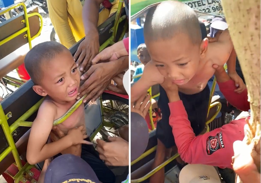 Giai cuu be trai Indonesia bi mac ket trong xe keo hinh anh