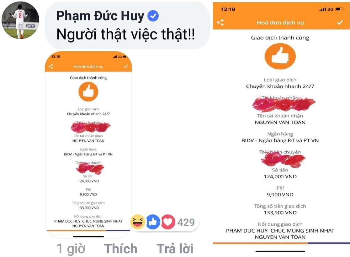 Đức Huy chuyển khoản 124.000 đồng mừng sinh nhật Văn Toàn ảnh 4 Duc Huy chuyen khoan 124.000 dong mung sinh nhat Van Toan anh 4