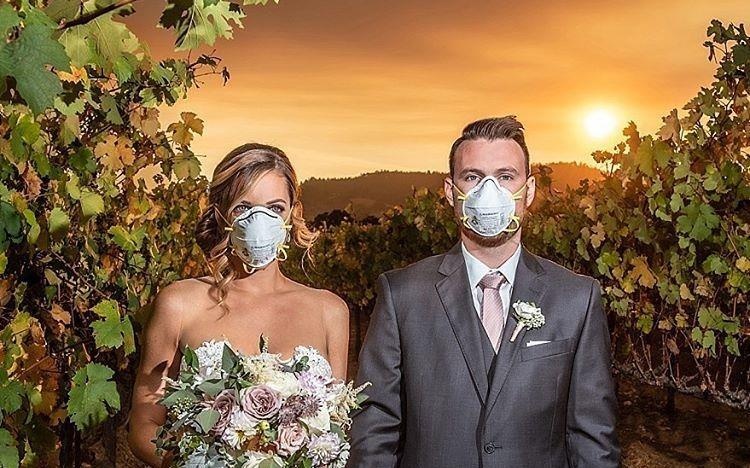 Doi vo chong deo khau trang, lam le cuoi canh dam chay rung hinh anh