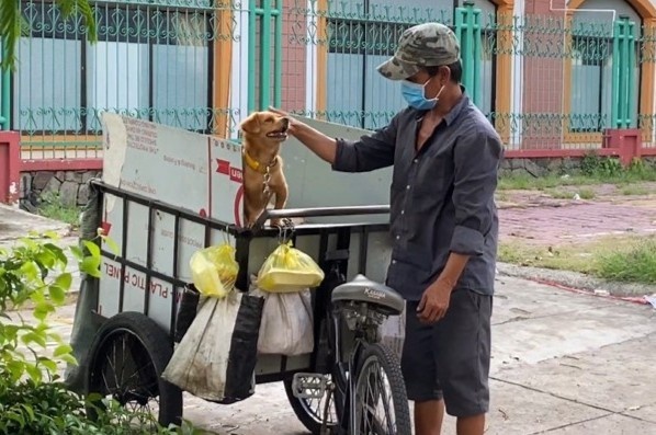 Nguoi nhat ve chai o TP.HCM chia phan com tu thien voi cho cung hinh anh