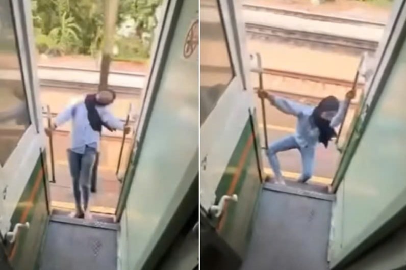 Hanh khach dap dau vao cot dien vi nhoai nguoi ra khoi doan tau hinh anh