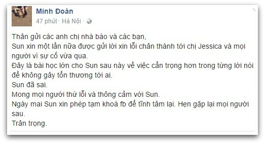 Sun Ht xin lỗi Jessica  trên Facebook ảnh 1 Sun Ht xin loi Jessica  tren Facebook anh 1