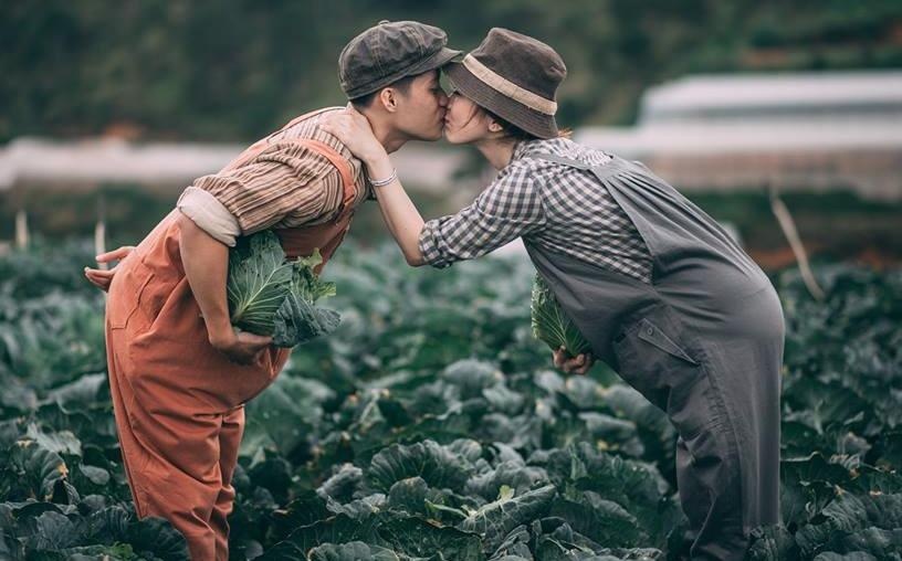 Doi tre hoa than nong dan thu hoach bap cai trong bo anh cuoi hinh anh