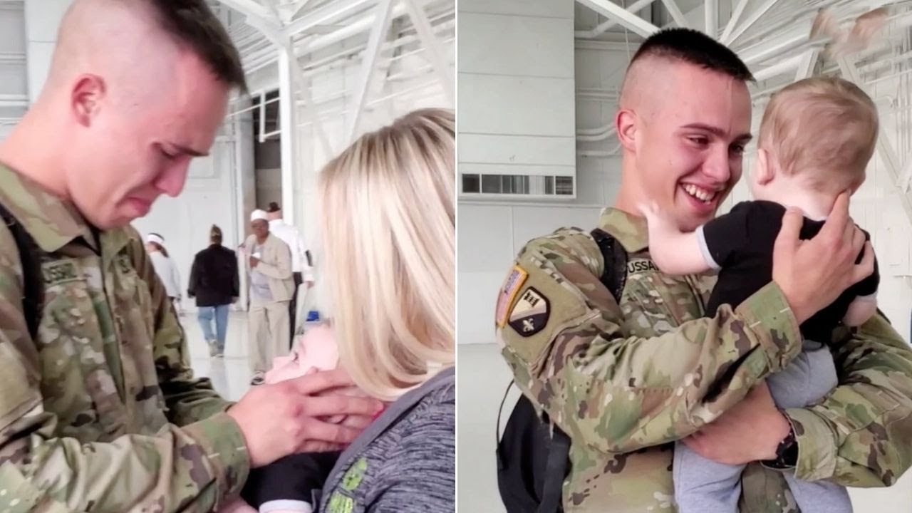 Nguoi linh bat khoc khi lan dau duoc gap con hinh anh