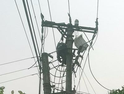 Bat luc nhin mot cong nhan bi dien giat dinh tren cot hinh anh