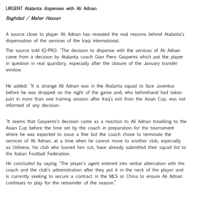 Ali Adnan, đội tuyển Iraq, Asian Cup, Atalanta, bị chấm dứt hợp đồng ảnh 2 Ali Adnan, doi tuyen Iraq, Asian Cup, Atalanta, bi cham dut hop dong anh 2