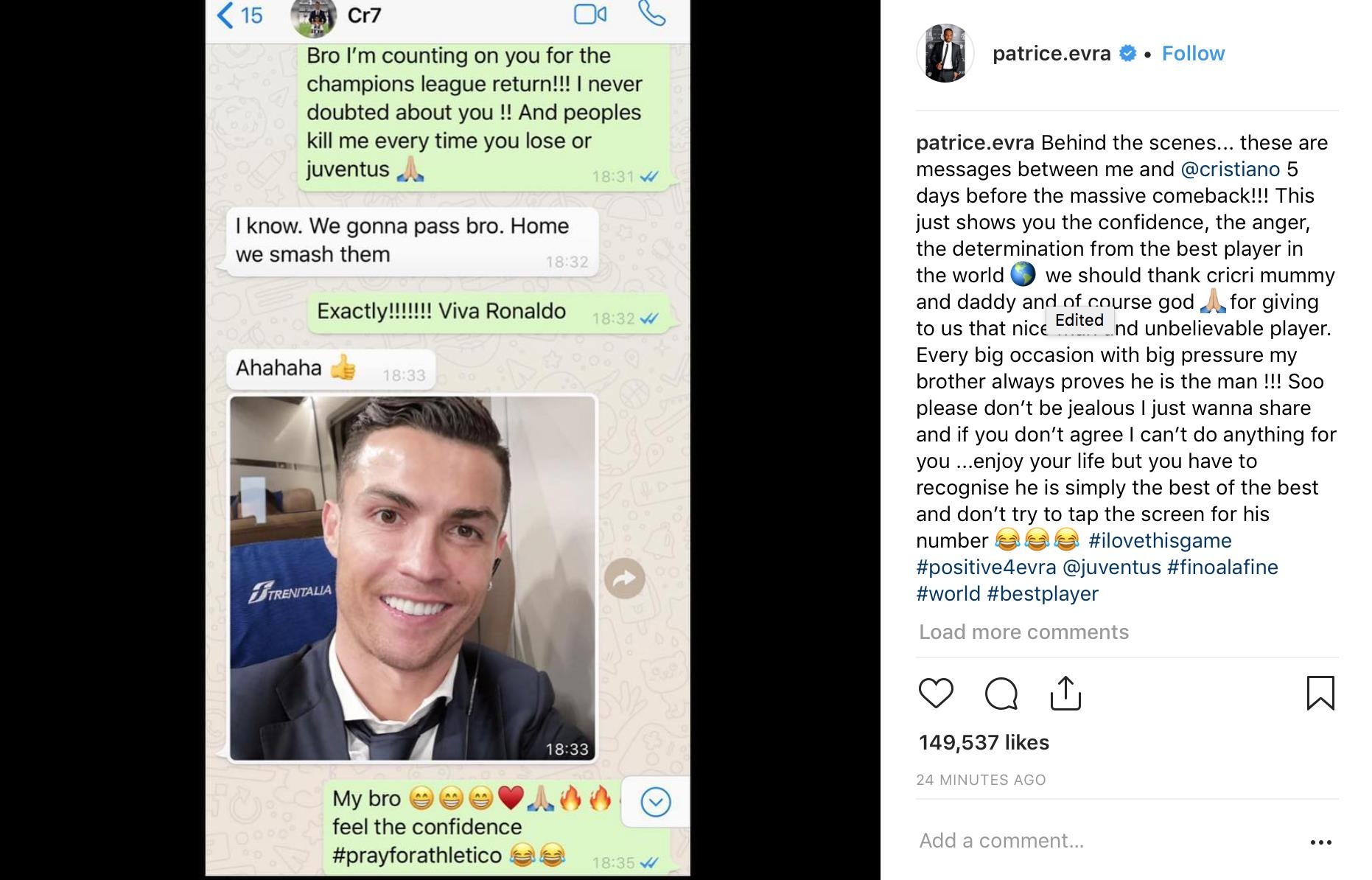 Patrice Evra,  Ronaldo,  tin nhan,  Champions League,  Juventus,  Atletico Madrid anh 2