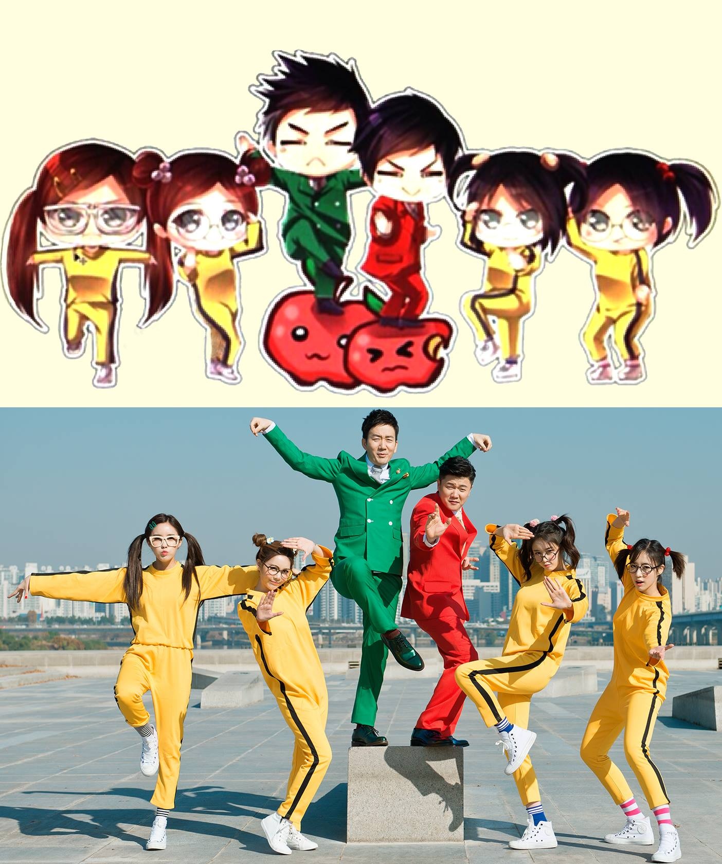 T-ara trên trường quay MV cùng Chopstick Brothers.