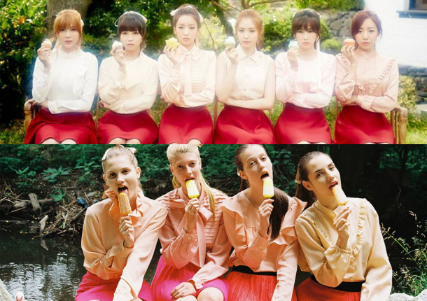 Ảnh quảng bá của Apink (trên) và ảnh của nhiếp ảnh gia người Slovakia (dưới).