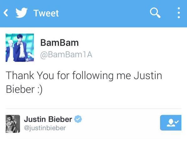 Bambam viết lời cảm ơn Justin Bieber rồi xóa đi.