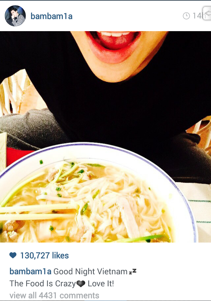 BamBam khoe phở gà trên Instagram.