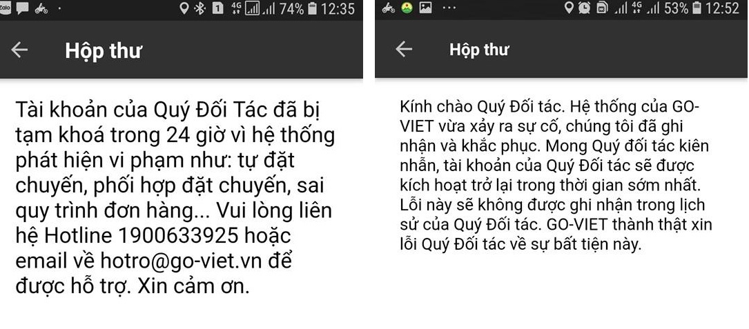 Go-Viet lỗi hệ thống, hàng loạt tài xế bị khóa tài khoản oan ảnh 1 Go-Viet loi he thong, hang loat tai xe bi khoa tai khoan oan anh 1
