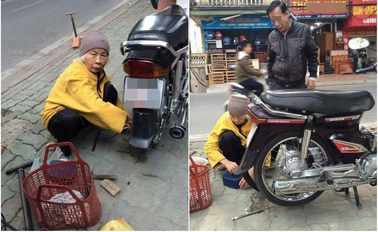 cụ già vá xe máy trên phố Đê La Thành ảnh 1 cu gia va xe may tren pho De La Thanh anh 1