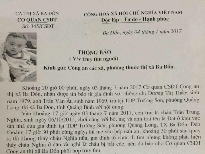bé trai mất tích tại Quảng Bình ảnh 1 be trai mat tich tai Quang Binh anh 1