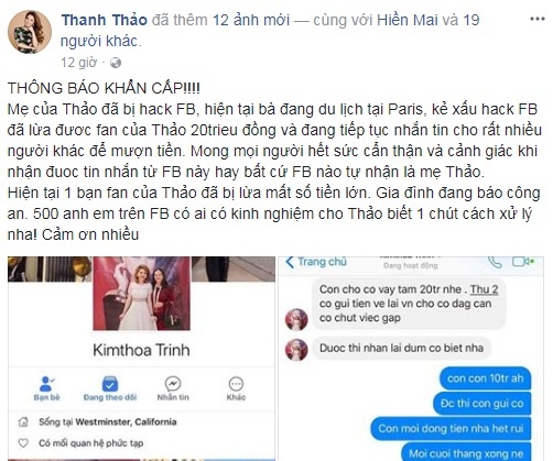 me Thanh Thao bi hack facebook lua tien anh 1
