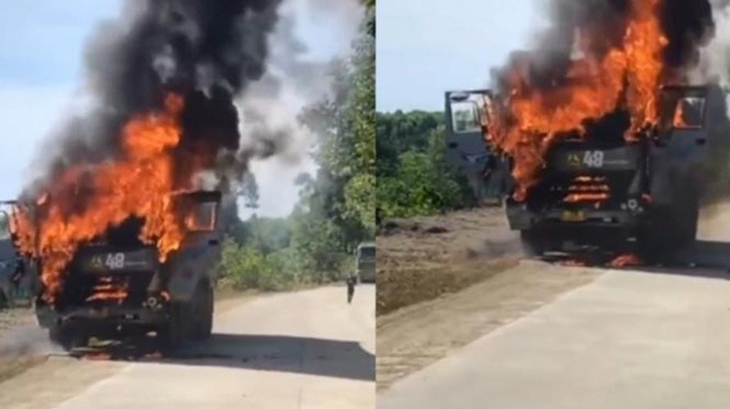 Xe tai boc chay, tai xe nhay khoi cabin thoat nan hinh anh