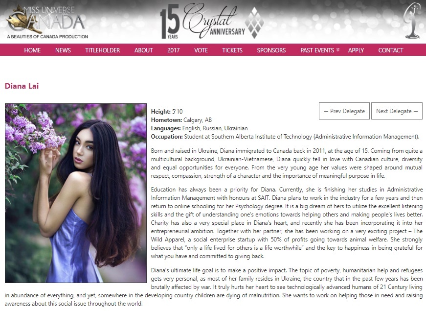 diana lai,  miss universe canada,  bong hong lai goc viet anh 1