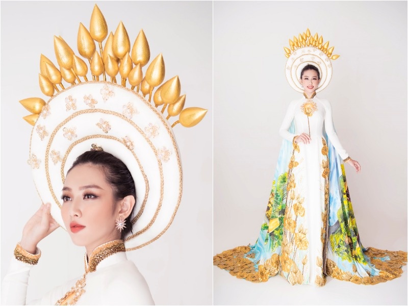 Thuy Tien cong bo quoc phuc hoa sen, vao Top 8 noi bat Hoa hau Quoc te hinh anh