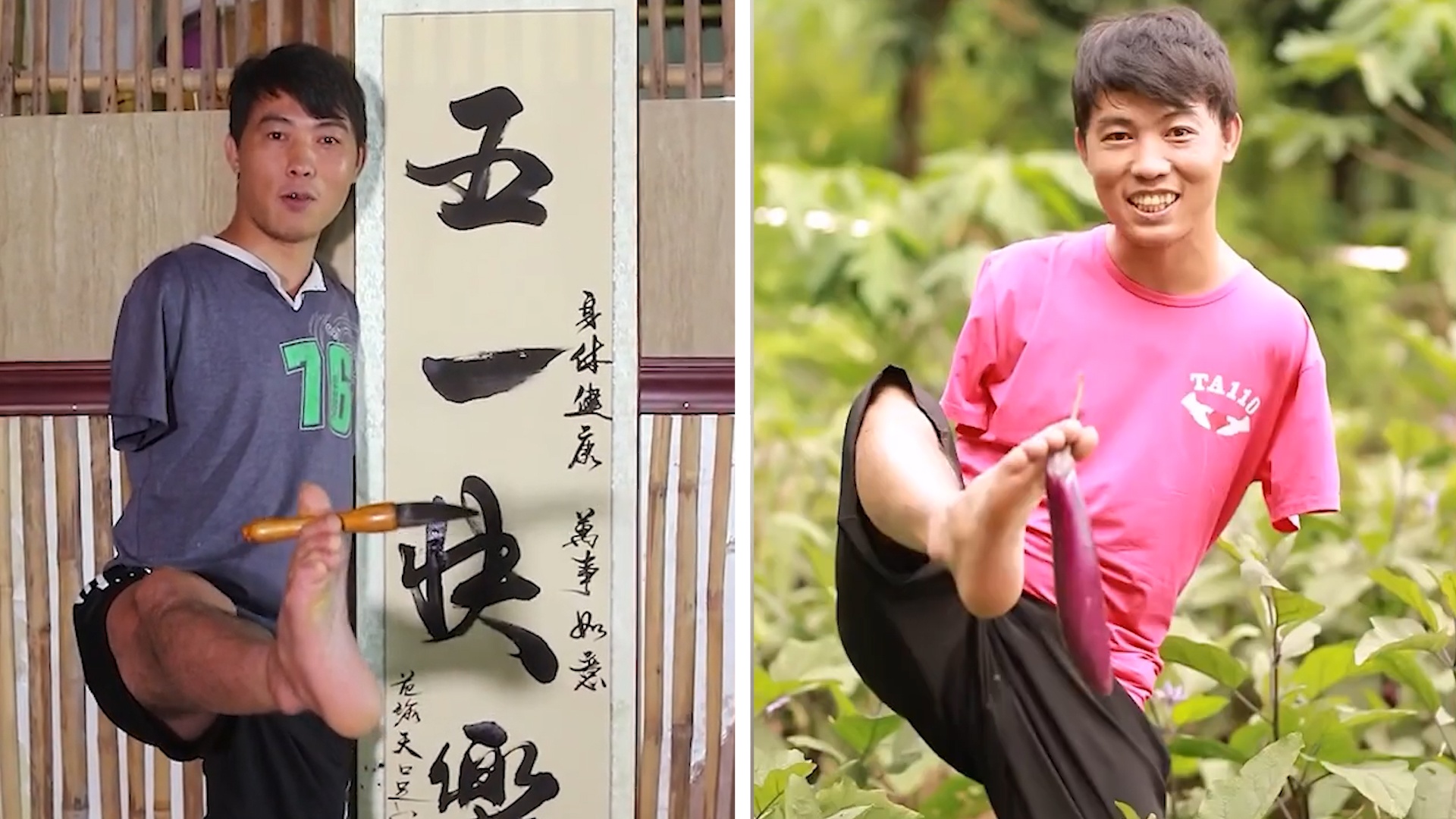 Chang trai viet thu phap bang chan hinh anh