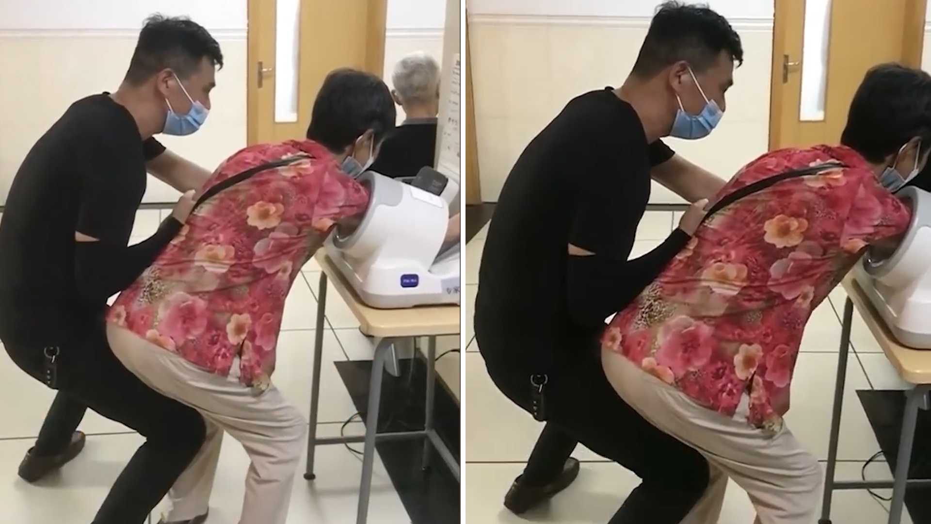 Con trai dung dui lam ghe cho me khi di kham benh hinh anh