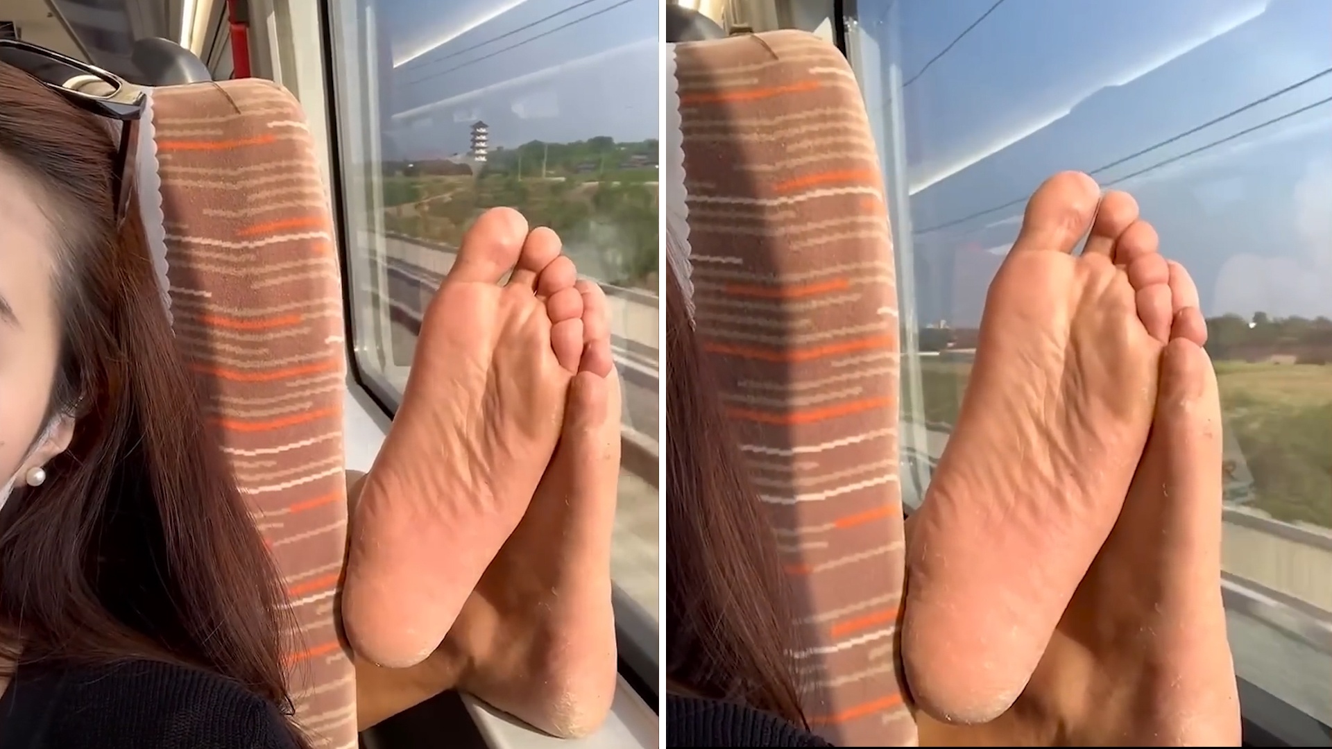 Co gai hoang hot khi thay ban chan tho ra tu dang sau khi di tau hinh anh