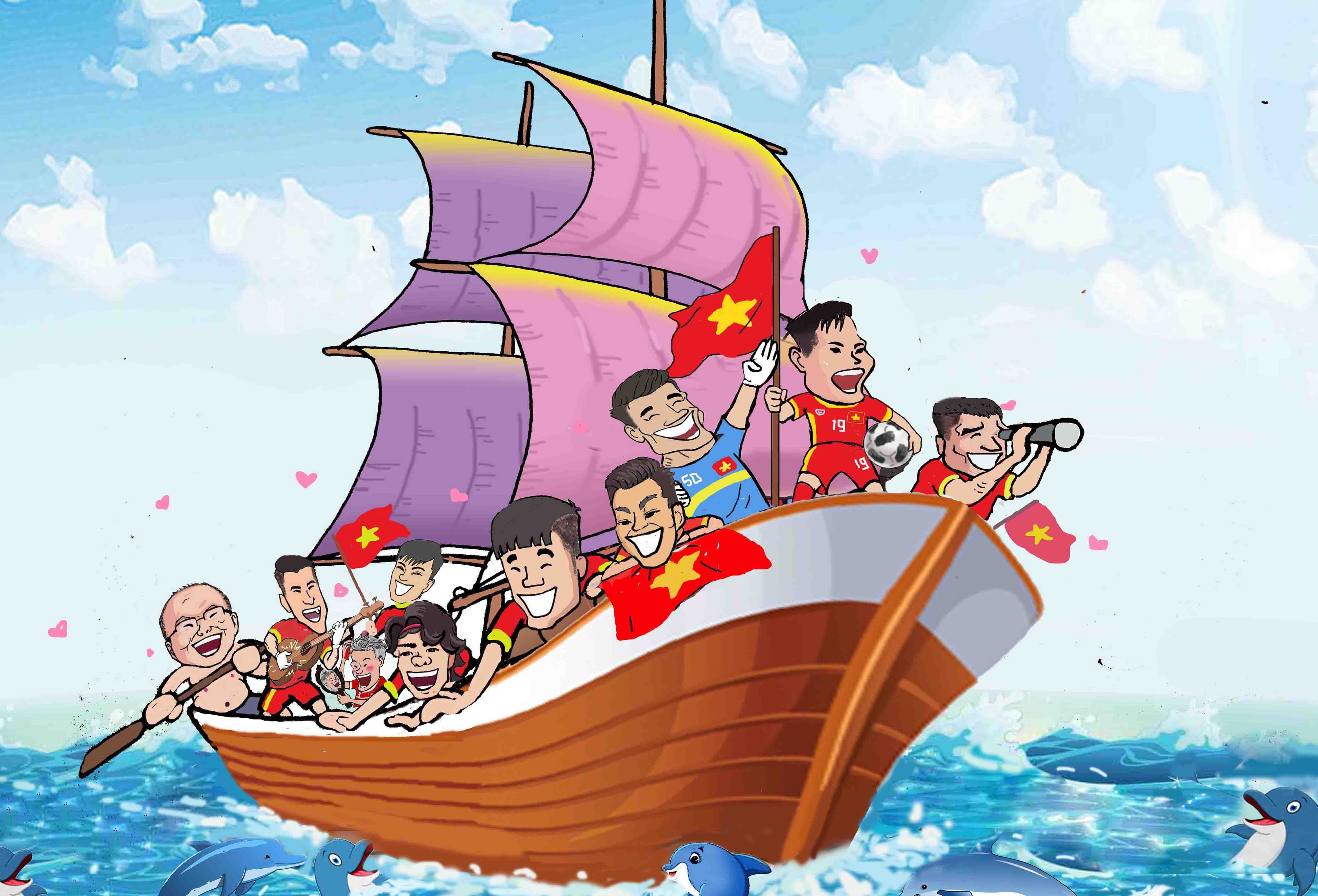 Hi hoa Park Hang-seo cheo con thuyen Olympic Viet Nam ra bien lon hinh anh