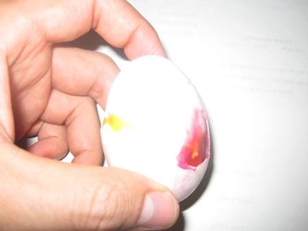 Góc ảnh này cho thấy dịch đỏ nằm ở giữa vỏ và lòng trắng của quả trứng vịt lạ.