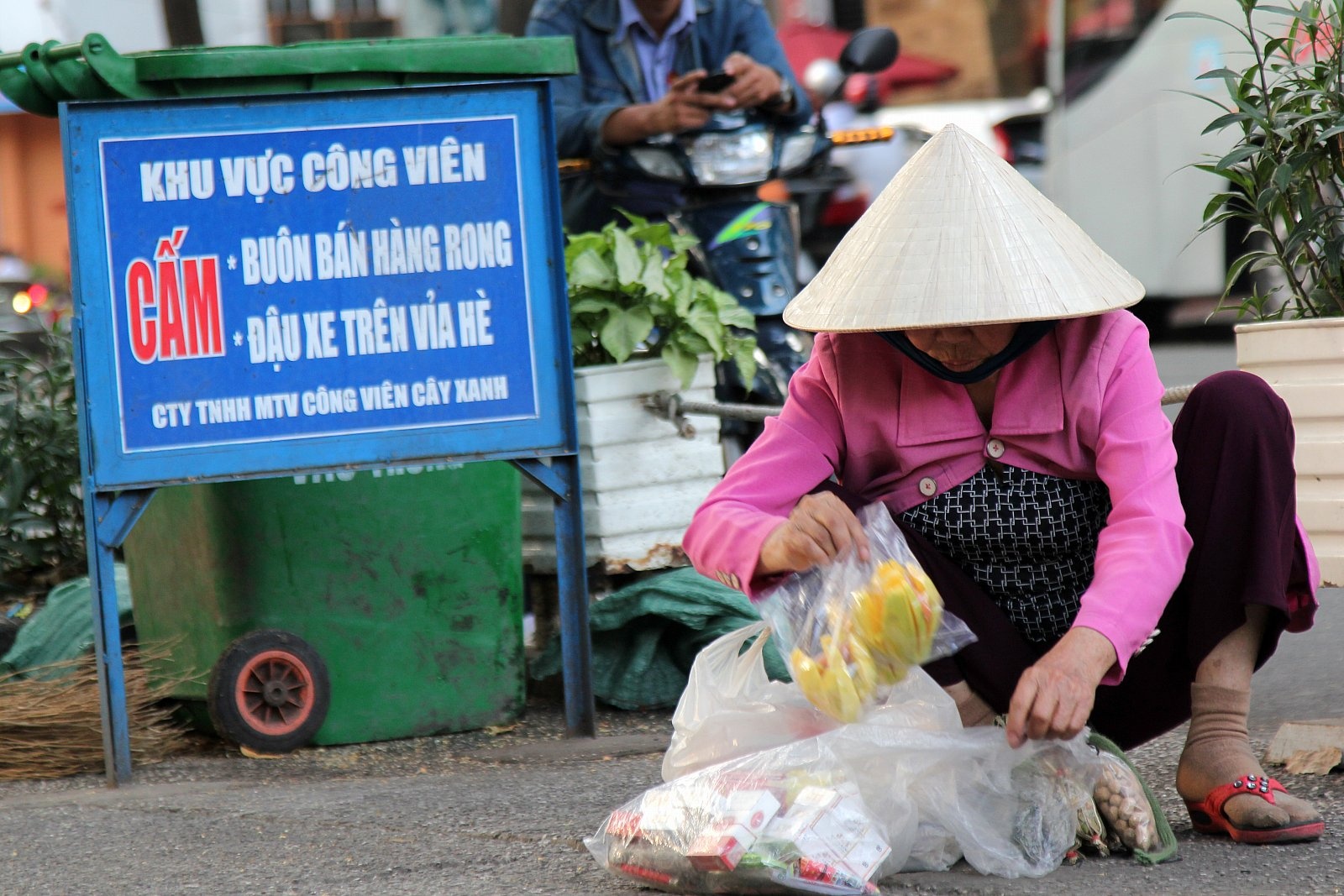 Bán hàng rong vẫn hoạt động trong công viên mặc biển báo cấm.