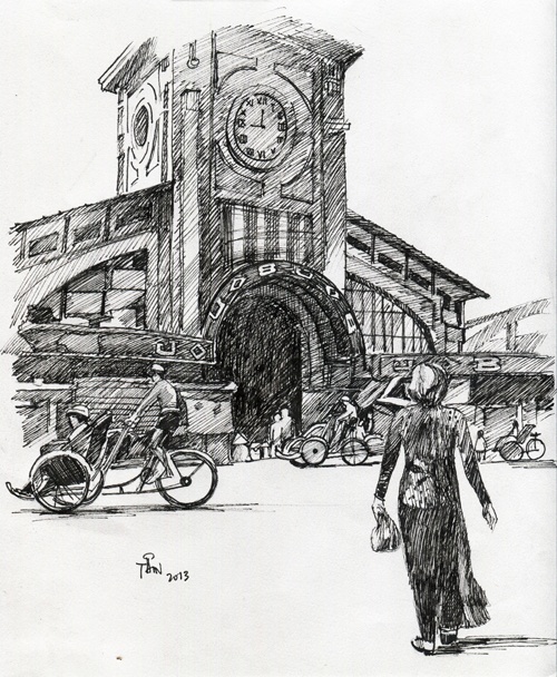 Tranh bút sắt của Phạm Công Tâm vẽ theo ảnh chợ Bến Thành thời kỳ trước năm 1952.