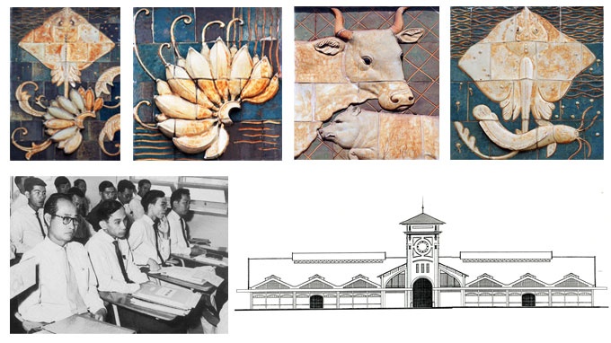 Các phù điêu bằng gốm gắn trên bốn cổng Đông-Tây -Nam -Bắc biểu tượng cho các mặt hàng bán ở chợ do nhà giáo, nhà điêu khắc Lê Văn Mậu (người đeo kính bên trái) thiết kế năm ????