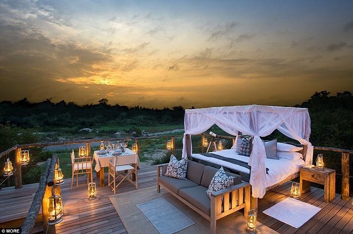 Đứng trên nhà cây Tinyeleti, du khách có thể ngắm nhiều loài động vật hoang dã của Nam Phi đang uống nước sông Sabie trong ánh hoàng hôn thiên đường.