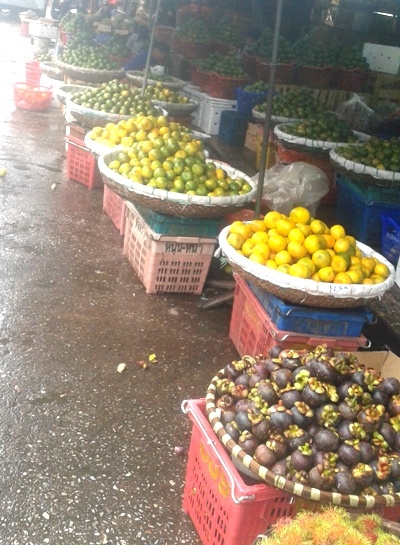 Khung cảnh chợ hoa quả vắng vẻ không có người mua.