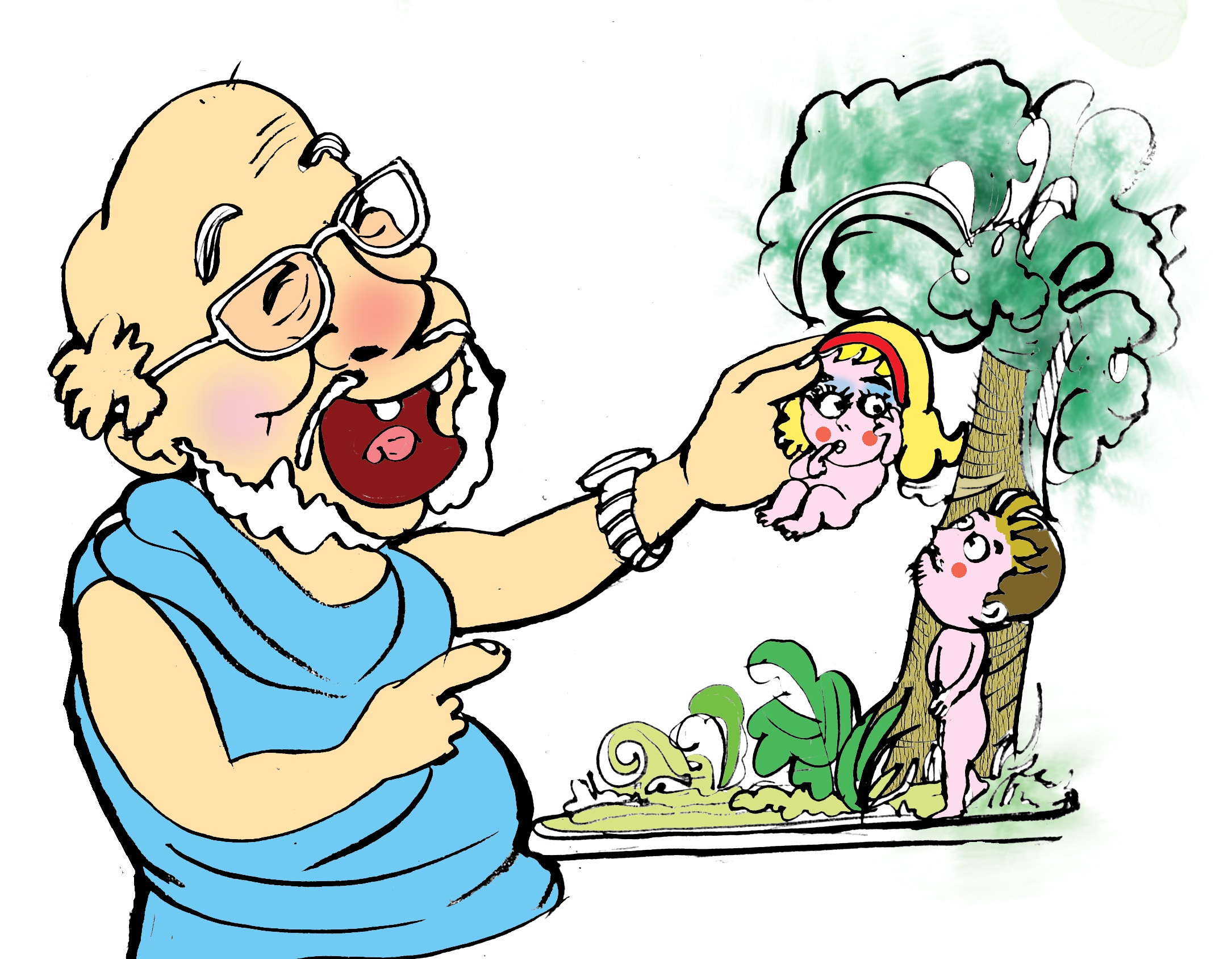 Chúa liền tạo nên hai sinh vật nhỏ thay mình cai quản khu vườn. Sinh vật mạnh mẽ, rắn chắc đặt tên là Adam, sinh vật mềm mại, xinh đẹp tên là Eva.