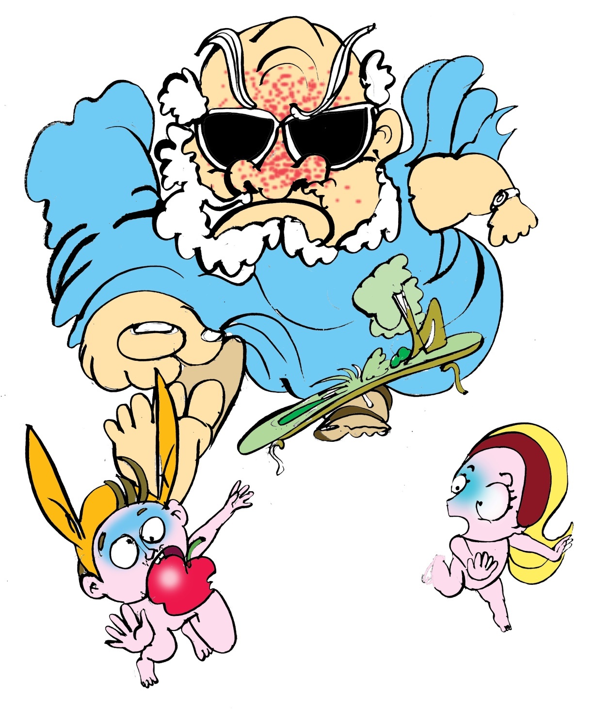 Đúng lúc ấy Chúa trở về và nổi giận lôi đình vì Adam, Eva đã trái lệnh. Adam hoảng sợ nuốt vội miếng táo đến nỗi mắc nghẹn á khẩu. Chúa  phạt cả hai không được nói chuyện cùng nhau cho đến mãi mãi về sau.