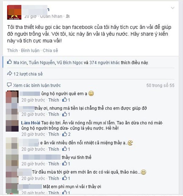 Những chia sẻ và kêu gọi người dân mua vải, ủng hộ người trồng vải của cư dân mạng.