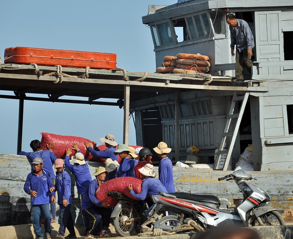 Mỗi ngày theo chân các thương lái tỏi và hành vẫn được vận chuyển vào đất liền.